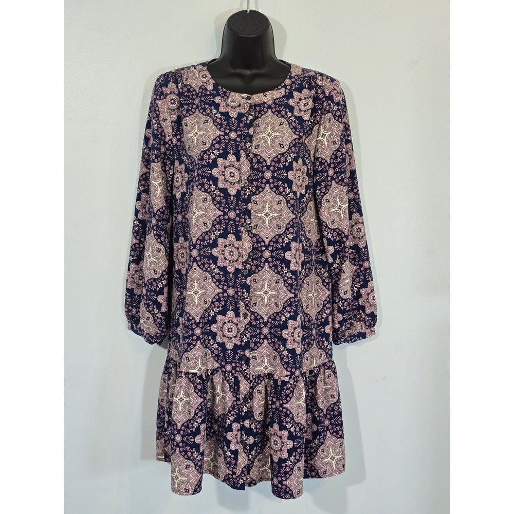 LOFT Women's Navy Pink Paisley Print Long Sleeve Dress Boho Flowy Casual Small